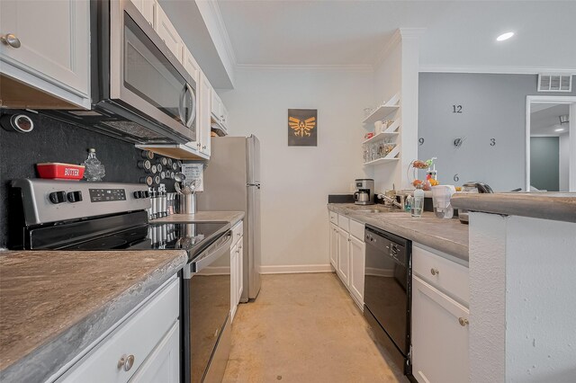 4515 Briar Hollow Pl Unit 307, Houston, TX 77027 - kitchen featuring stainless steel appliances, finished concrete flooring, ornamental molding, white cabinets, and decorative backsplash