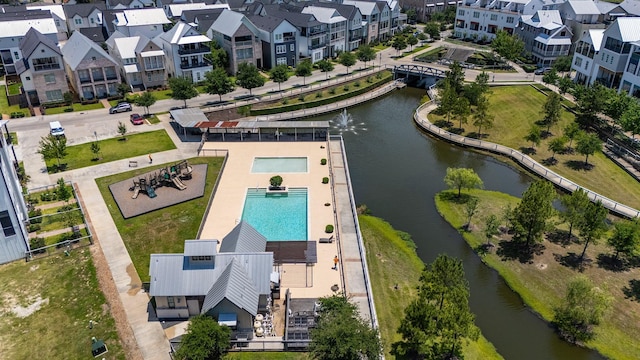 8670 Green Kolbe Ln, Houston, TX 77080 - aerial perspective of suburban area featuring a large body of water and a pool area