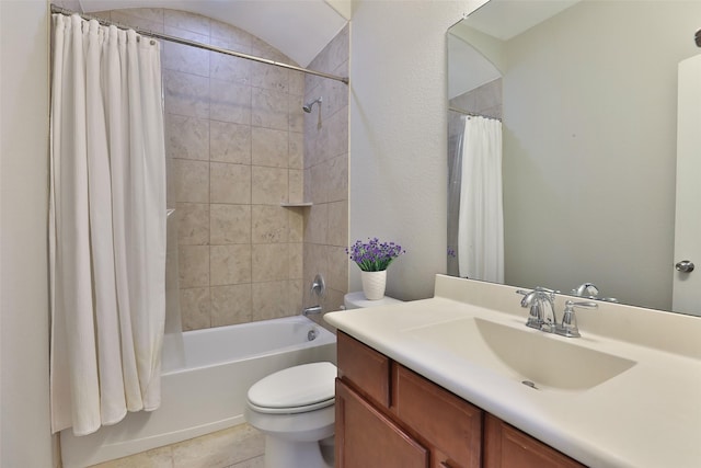 10014 Mahaffey Rd, Tomball, TX 77375 - bathroom with shower / bathtub combination with curtain, toilet, vanity, and tile patterned floors