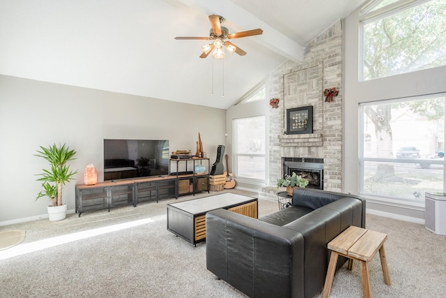 16014 Sweet Fern St, Houston, TX 77070 - living area featuring carpet flooring, beamed ceiling, a brick fireplace, ceiling fan, and high vaulted ceiling