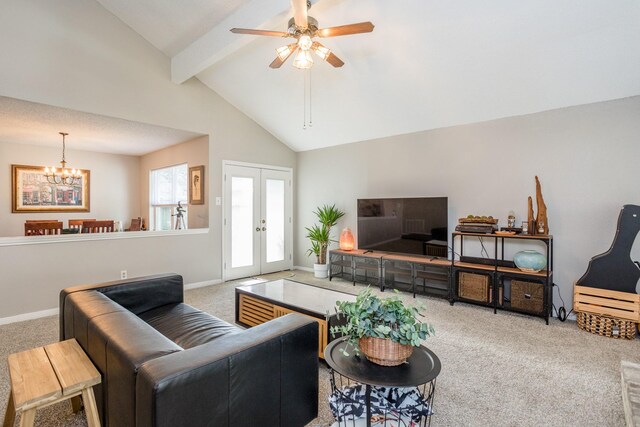 16014 Sweet Fern St, Houston, TX 77070 - living room featuring carpet flooring, a chandelier, a ceiling fan, french doors, and baseboards