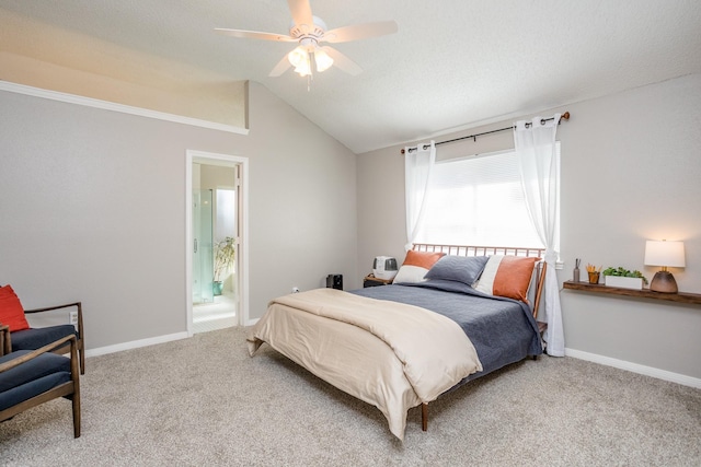16014 Sweet Fern St, Houston, TX 77070 - bedroom with light colored carpet, vaulted ceiling, ceiling fan, ensuite bath, and baseboards