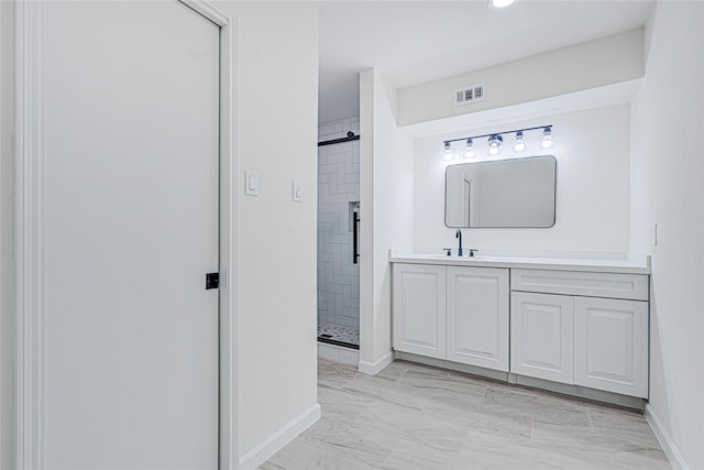 5815 Old Lodge Dr, Houston, TX 77066 - full bathroom with a shower stall, vanity, recessed lighting, baseboards, and marble look tile flooring