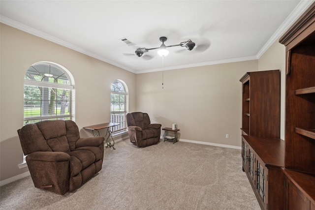 20103 Faye St, Tomball, TX 77377 - living area featuring ornamental molding, light carpet, baseboards, and ceiling fan