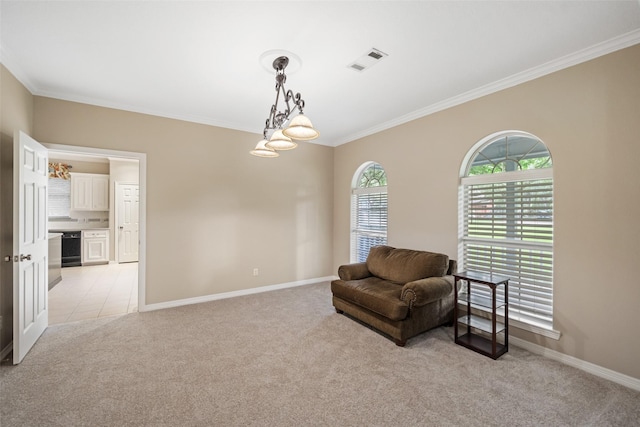 20103 Faye St, Tomball, TX 77377 - living area featuring light colored carpet, crown molding, and baseboards