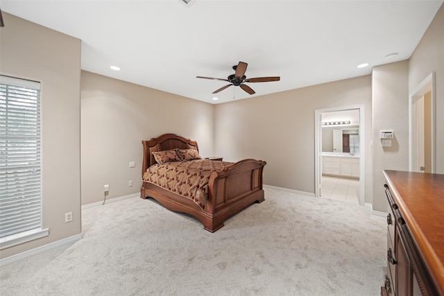 20103 Faye St, Tomball, TX 77377 - bedroom featuring light carpet, baseboards, recessed lighting, ensuite bathroom, and a ceiling fan