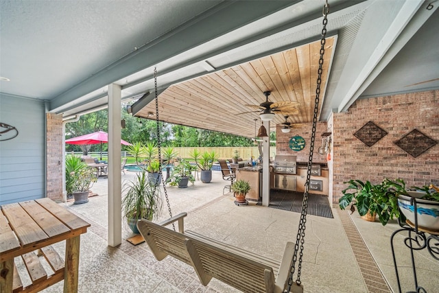 20103 Faye St, Tomball, TX 77377 - view of patio / terrace featuring ceiling fan, a fenced backyard, outdoor dining area, area for grilling, and grilling area