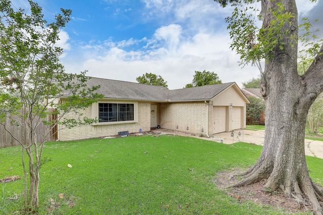 ranch-style home featuring brick siding, a garage, concrete driveway, and a shingled roof