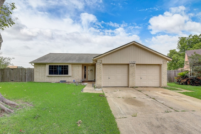 ranch-style home featuring brick siding, an attached garage, concrete driveway, and roof with shingles