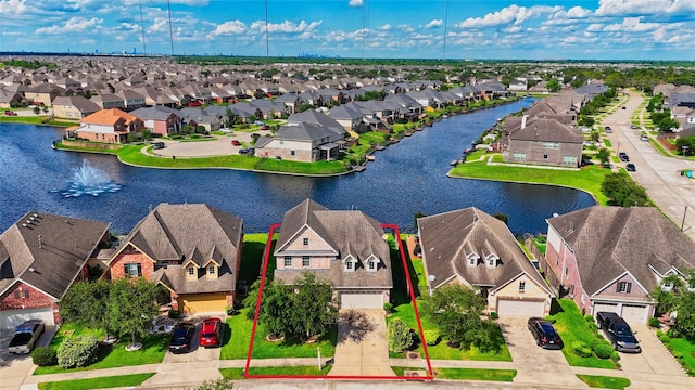 2831 Lake Villa Dr, Missouri City, TX 77459 - aerial perspective of suburban area featuring property boundaries highlighted and a large body of water