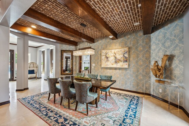 2919 Auburn Path, Sugar Land, TX 77479 - dining area with baseboards, wallpapered walls, beam ceiling, and an accent wall