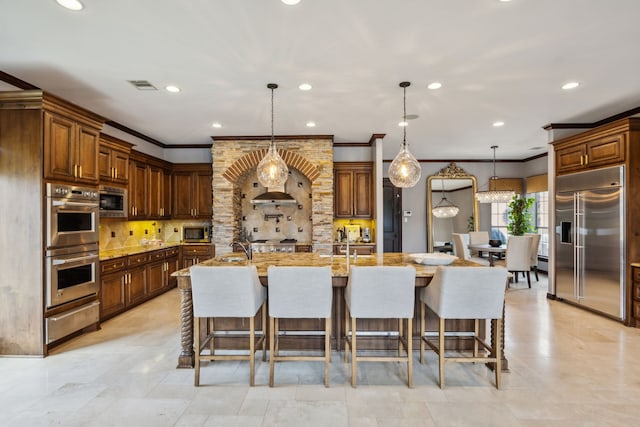 2919 Auburn Path, Sugar Land, TX 77479 - kitchen with built in appliances, a warming drawer, ornamental molding, backsplash, and a kitchen bar