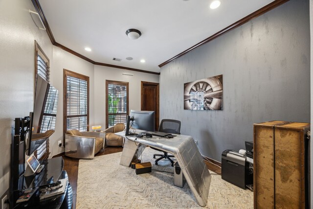2919 Auburn Path, Sugar Land, TX 77479 - office featuring ornamental molding, wood finished floors, recessed lighting, and baseboards