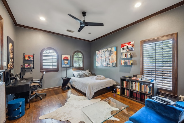 2919 Auburn Path, Sugar Land, TX 77479 - bedroom with wood-type flooring, crown molding, a desk, ceiling fan, and recessed lighting