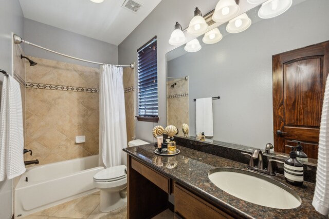 2919 Auburn Path, Sugar Land, TX 77479 - bathroom featuring toilet, shower / bath combo with shower curtain, tile patterned floors, and vanity