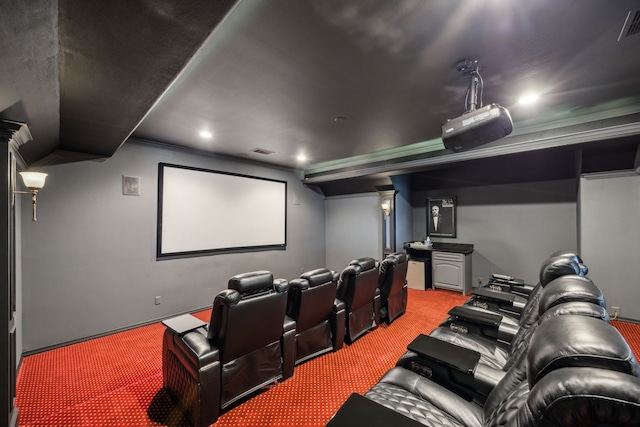 2919 Auburn Path, Sugar Land, TX 77479 - cinema room featuring carpet floors, recessed lighting, and ornamental molding