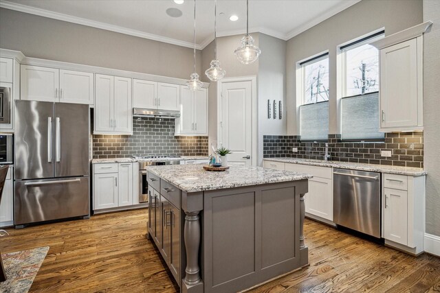 216 W Drew St, Houston, TX 77006 - kitchen with stainless steel appliances, crown molding, white cabinetry, wood finished floors, and recessed lighting