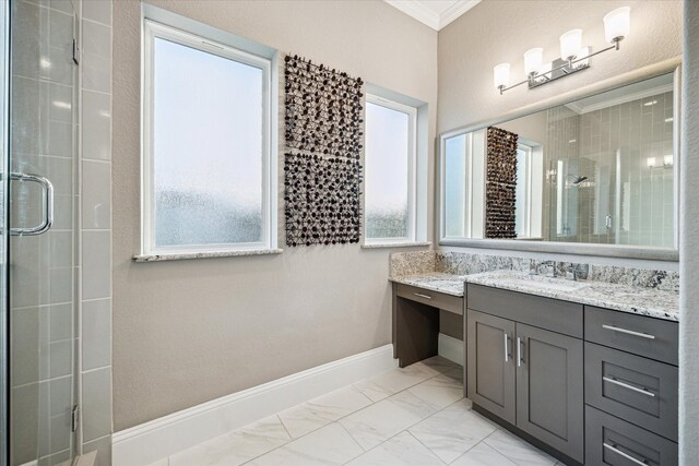 216 W Drew St, Houston, TX 77006 - bathroom featuring a stall shower, vanity, crown molding, plenty of natural light, and marble look tiles