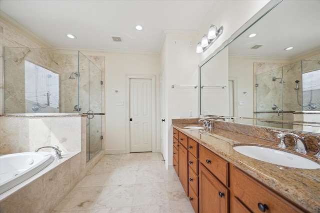 415 Tuam St, Houston, TX 77006 - full bath with ornamental molding, a stall shower, a bath, double vanity, and recessed lighting