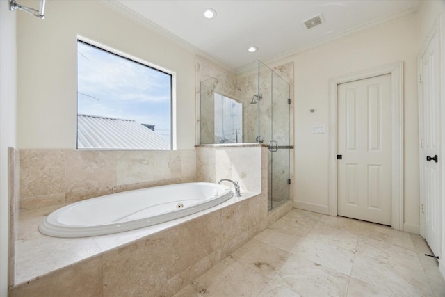 415 Tuam St, Houston, TX 77006 - full bath with crown molding, a garden tub, a stall shower, and recessed lighting