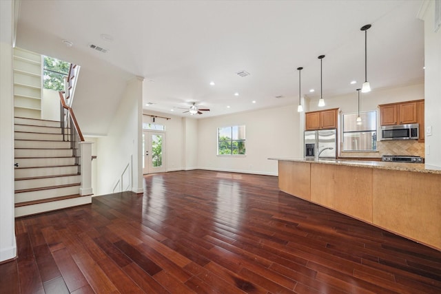 415 Tuam St, Houston, TX 77006 - unfurnished living room featuring dark wood-style floors, a ceiling fan, stairway, recessed lighting, and baseboards