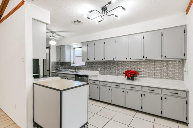 822 N Kaufman Dr, Deer Park, TX 77536 - kitchen featuring backsplash, ceiling fan, gray cabinets, light countertops, and black electric stovetop