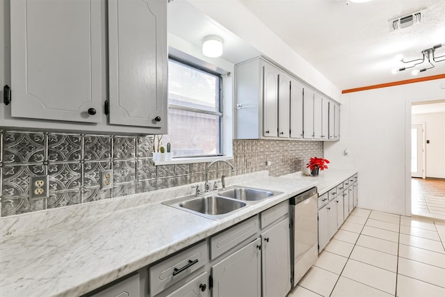 822 N Kaufman Dr, Deer Park, TX 77536 - kitchen featuring a sink, backsplash, dishwasher, light tile patterned floors, and gray cabinets
