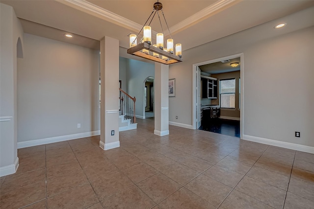 3307 Big Sky Pass, Missouri City, TX 77459 - tiled spare room featuring arched walkways, a chandelier, stairs, crown molding, and recessed lighting