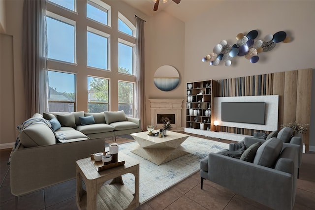 3307 Big Sky Pass, Missouri City, TX 77459 - living room with a fireplace, a towering ceiling, dark tile patterned flooring, and plenty of natural light