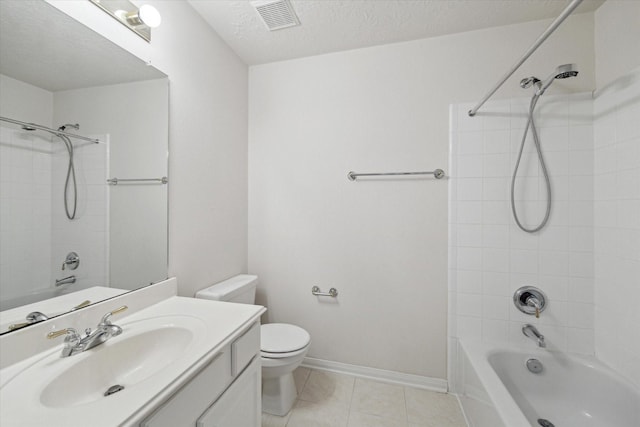 5111 Maple Hill Trl, Houston, TX 77345 - bathroom with tub / shower combination, toilet, vanity, tile patterned floors, and a textured ceiling