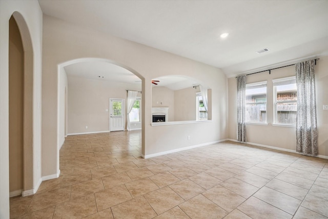 5332 Pointe Spring Xing, Spring, TX 77389 - unfurnished living room with baseboards, recessed lighting, a fireplace, and light tile patterned floors