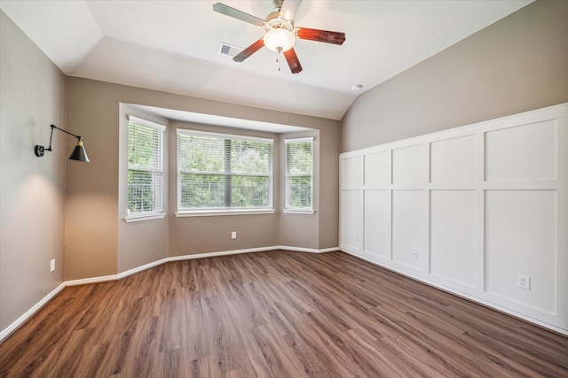 5332 Pointe Spring Xing, Spring, TX 77389 - unfurnished bedroom with wood finished floors, vaulted ceiling, baseboards, and a ceiling fan