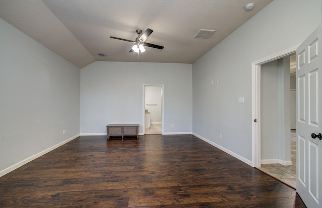 14814 Bridle Bend Dr, Houston, TX 77084 - unfurnished room featuring ceiling fan, a smoke detector, dark wood-style flooring, baseboards, and lofted ceiling
