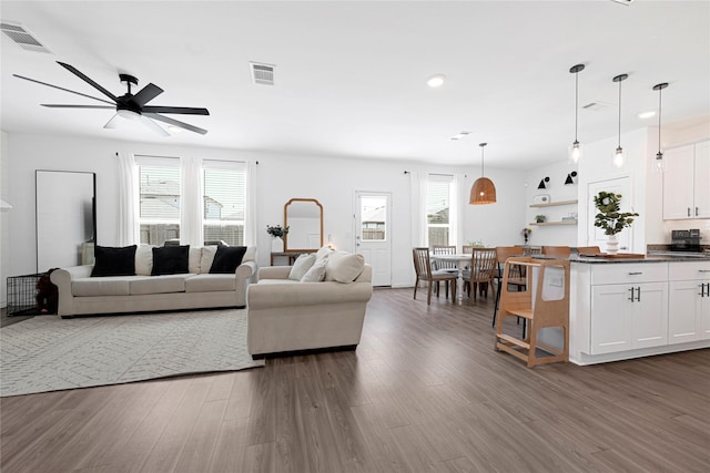 17723 Seed Drill Ln, Hockley, TX 77447 - living area with plenty of natural light, a ceiling fan, dark wood-type flooring, and recessed lighting