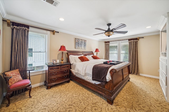 1502 Stuart St, Houston, TX 77004 - bedroom featuring baseboards, multiple windows, light carpet, recessed lighting, and crown molding