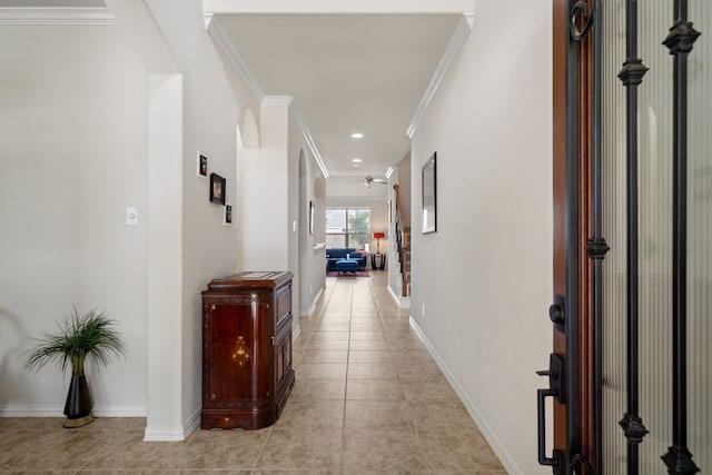 4307 Countrypines Dr, Spring, TX 77388 - corridor featuring crown molding, light tile patterned floors, baseboards, and recessed lighting
