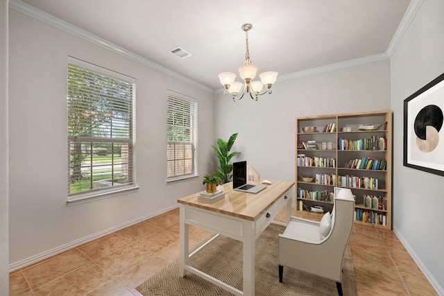4307 Countrypines Dr, Spring, TX 77388 - office with crown molding, light tile patterned flooring, a chandelier, and baseboards