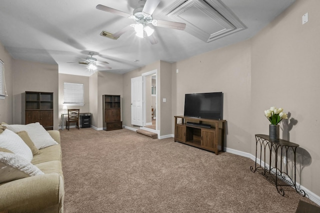 19634 Stone Lake Dr, Tomball, TX 77377 - carpeted living room featuring attic access, a ceiling fan, and baseboards