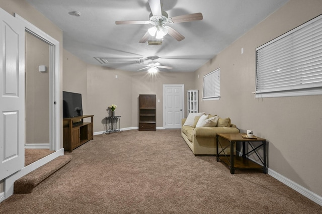 19634 Stone Lake Dr, Tomball, TX 77377 - carpeted living room with attic access, ceiling fan, and baseboards