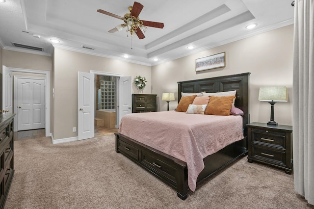 19634 Stone Lake Dr, Tomball, TX 77377 - bedroom with light carpet, a raised ceiling, recessed lighting, crown molding, and baseboards