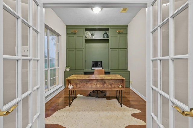 19634 Stone Lake Dr, Tomball, TX 77377 - office with french doors, wood finished floors, baseboards, and plenty of natural light