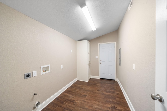 5117 Winding Way, Dickinson, TX 77539 - laundry room with hookup for an electric dryer, dark wood finished floors, hookup for a washing machine, baseboards, and a textured ceiling