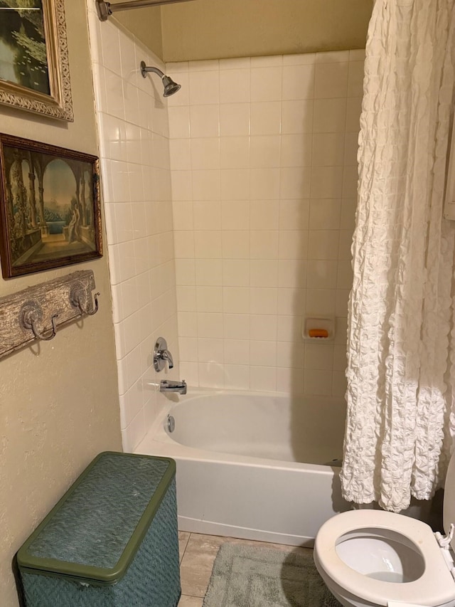 22602 Water Edge Ln, Katy, TX 77494 - bathroom with shower / bathtub combination with curtain, toilet, and tile patterned flooring