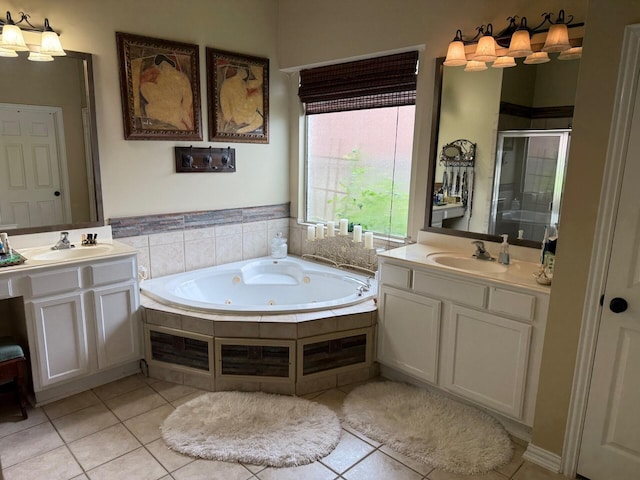 22602 Water Edge Ln, Katy, TX 77494 - full bath featuring a shower stall, tile patterned floors, two vanities, and a whirlpool tub