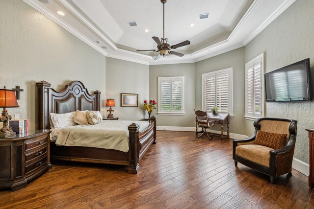9502 Clubhouse Cir, Magnolia, TX 77354 - bedroom with a raised ceiling, wood finished floors, baseboards, ornamental molding, and recessed lighting