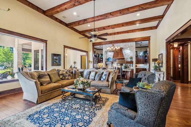 9502 Clubhouse Cir, Magnolia, TX 77354 - living room with a chandelier, wood finished floors, beamed ceiling, and a ceiling fan