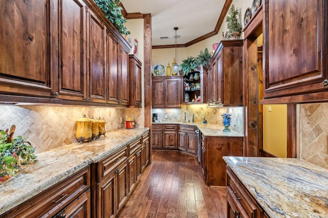 9502 Clubhouse Cir, Magnolia, TX 77354 - kitchen with ornamental molding, decorative backsplash, light stone countertops, dark wood finished floors, and open shelves