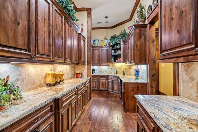 9502 Clubhouse Cir, Magnolia, TX 77354 - kitchen with ornamental molding, decorative backsplash, light stone countertops, dark wood finished floors, and open shelves