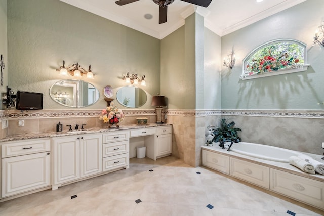 9502 Clubhouse Cir, Magnolia, TX 77354 - bathroom featuring crown molding, a ceiling fan, vanity, a garden tub, and tile walls