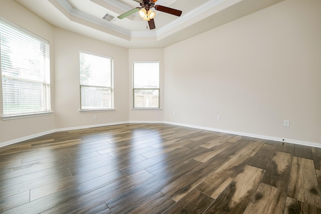 27326 Pendleton Trace Dr, Spring, TX 77386 - unfurnished room featuring crown molding, a raised ceiling, dark wood-type flooring, a ceiling fan, and baseboards